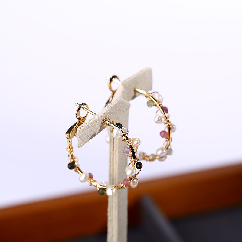 Enchanting Fusion: Natural Crystal & Pearl Hoop Earrings