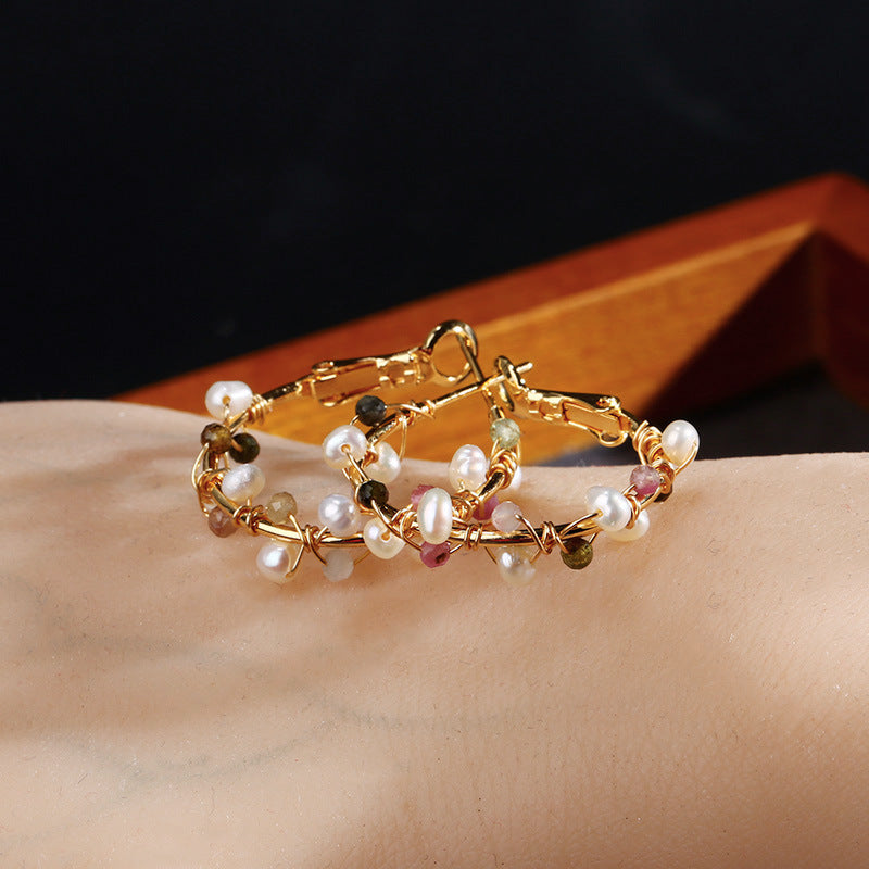 Enchanting Fusion: Natural Crystal & Pearl Hoop Earrings