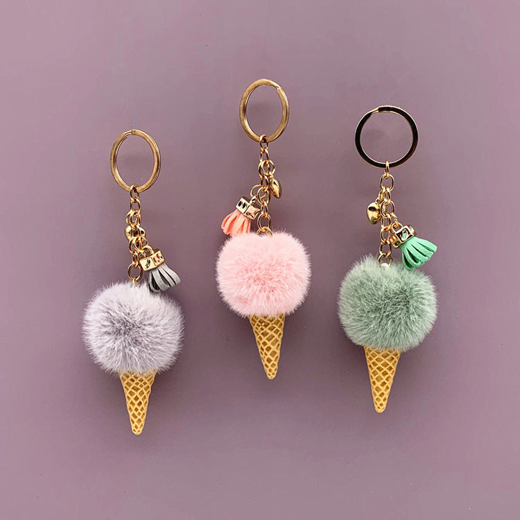 Ice Cream Keychain with Plush Hair Ball