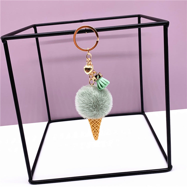 Ice Cream Keychain with Plush Hair Ball