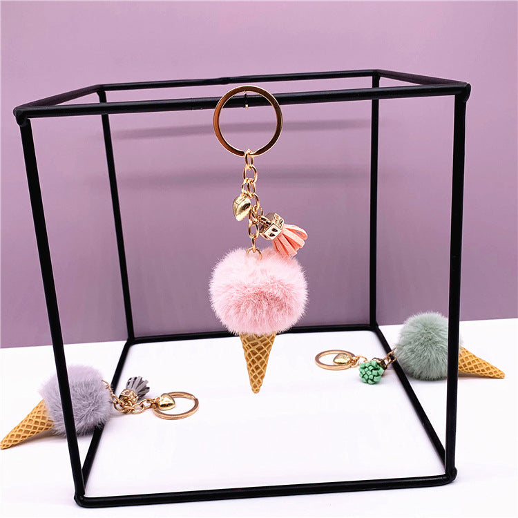 Ice Cream Keychain with Plush Hair Ball