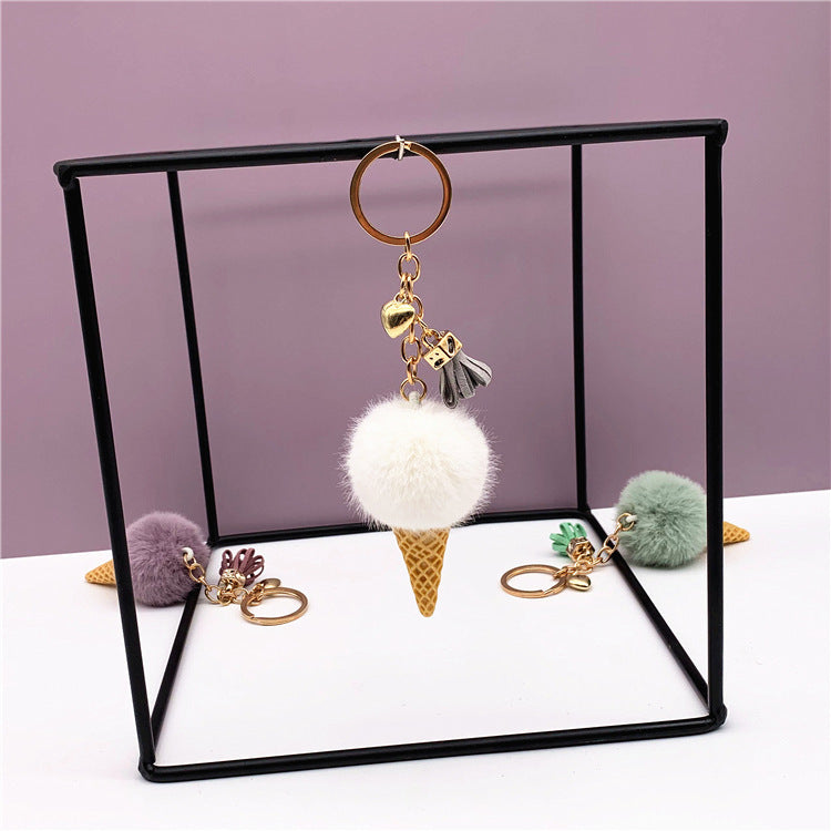 Ice Cream Keychain with Plush Hair Ball