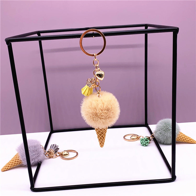 Ice Cream Keychain with Plush Hair Ball