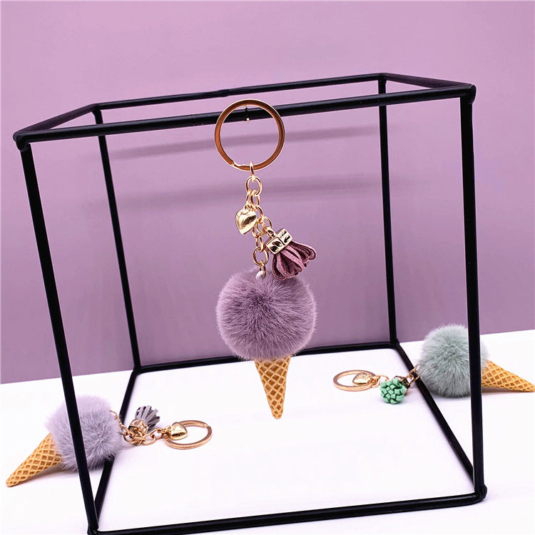 Ice Cream Keychain with Plush Hair Ball