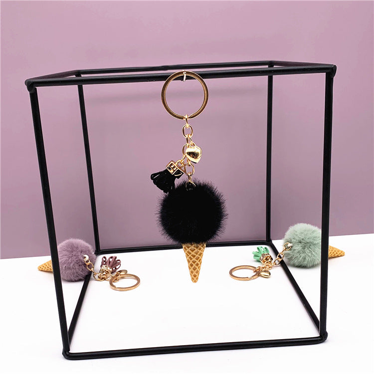 Ice Cream Keychain with Plush Hair Ball