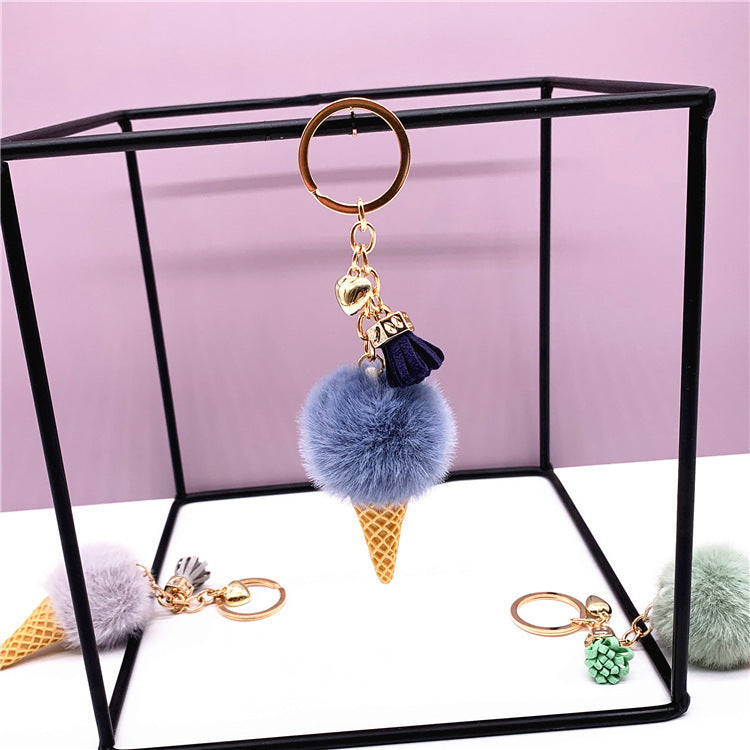 Ice Cream Keychain with Plush Hair Ball