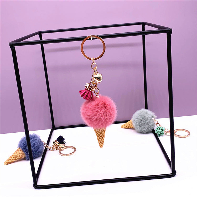 Ice Cream Keychain with Plush Hair Ball
