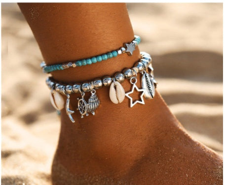 Retro Bohemian Beach Anklet with Ocean Charms