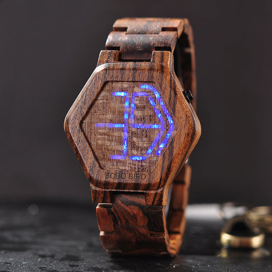 Distinctive LED Display Wooden Watch for Men