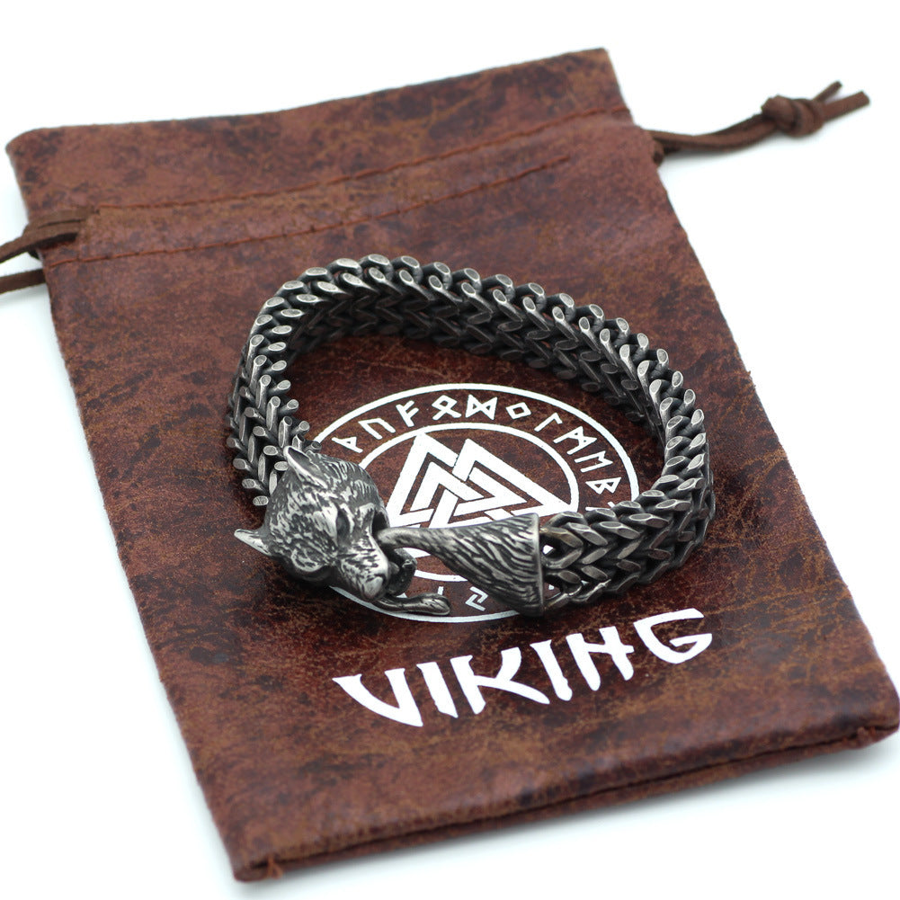 Men's Vintage Black Wolf Head Cuban Chain Bracelet