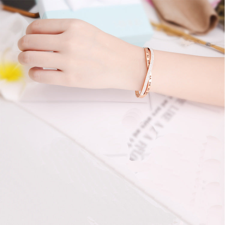 Roman Numeral Diamond-Accented Titanium Steel Bracelet