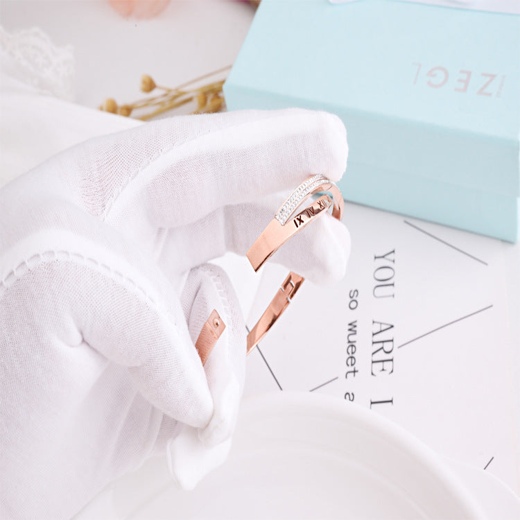 Roman Numeral Diamond-Accented Titanium Steel Bracelet