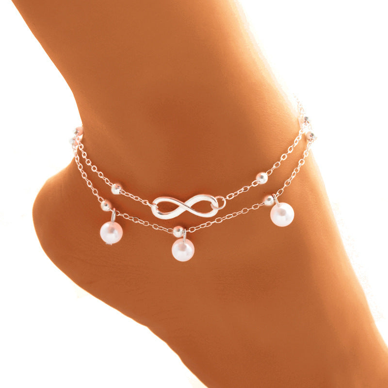 Double Layer Infinity Imitation Pearl Adjustable Anklet - Gold & Silver