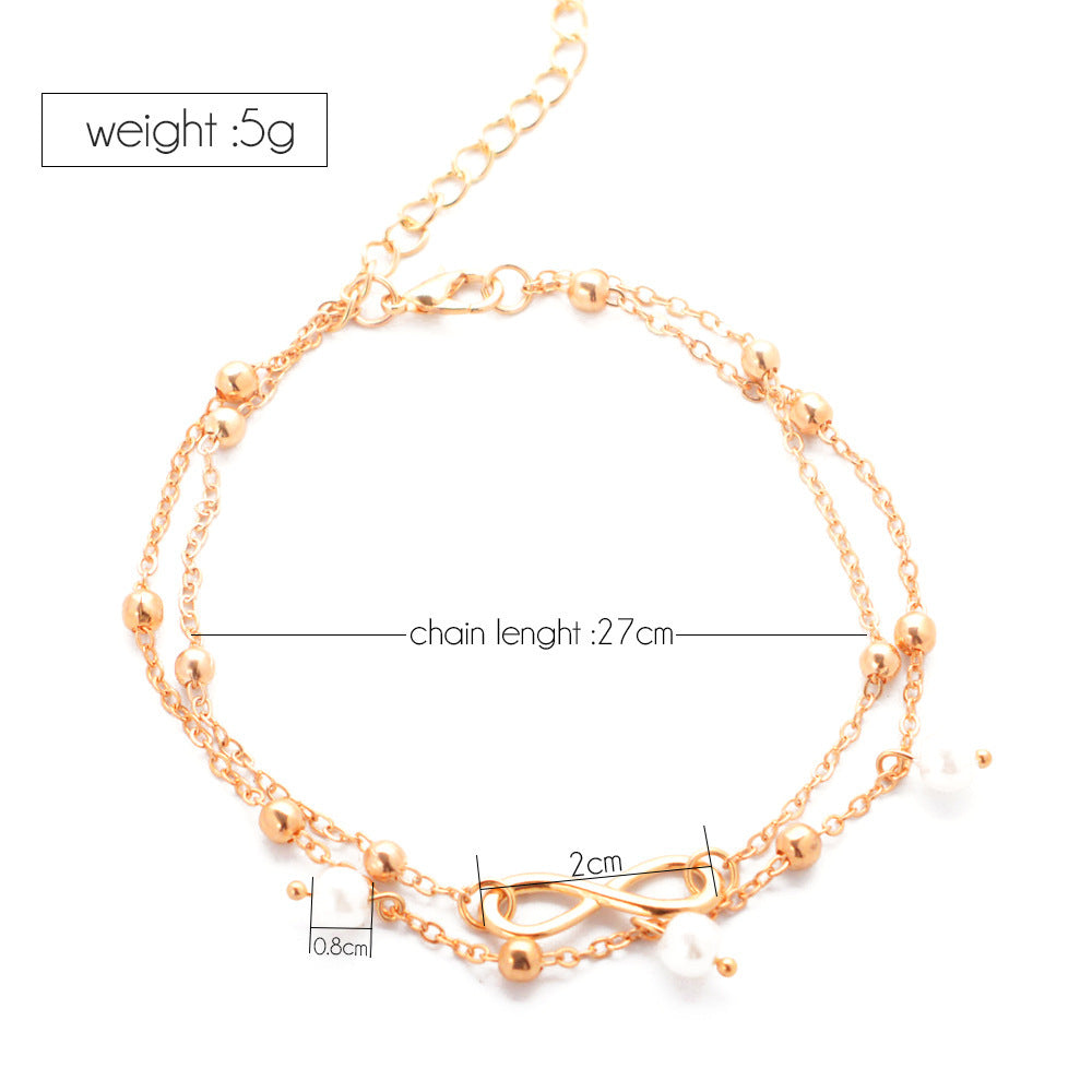 Double Layer Infinity Imitation Pearl Adjustable Anklet - Gold & Silver