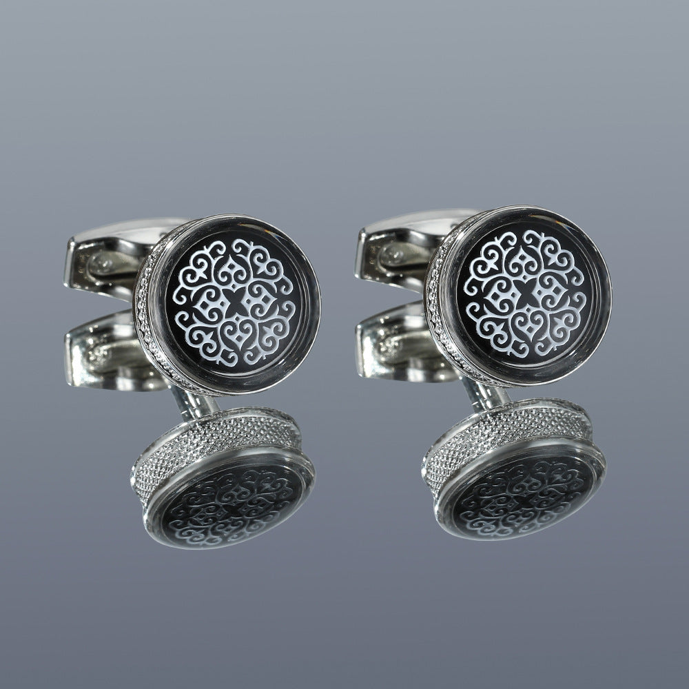Men's Fashion Pattern Round Silver Cufflinks