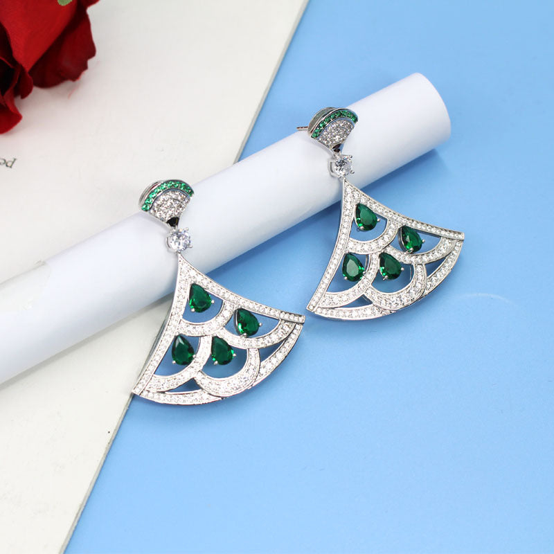Green Zircon Fan-Shaped Gold-Plated Earrings