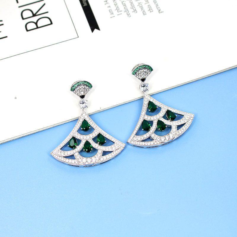 Green Zircon Fan-Shaped Gold-Plated Earrings