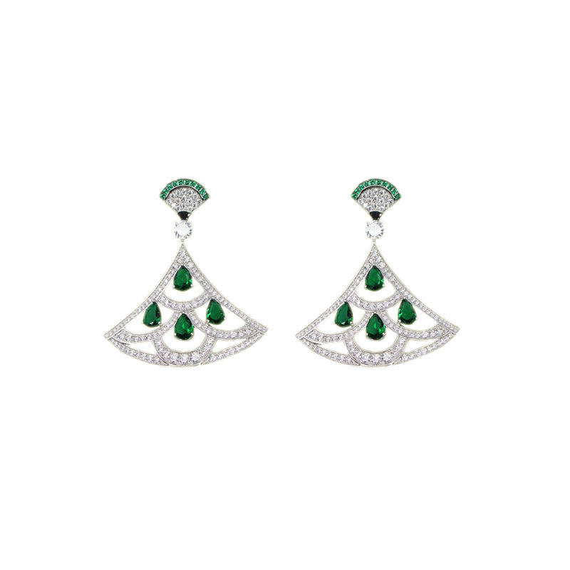 Green Zircon Fan-Shaped Gold-Plated Earrings
