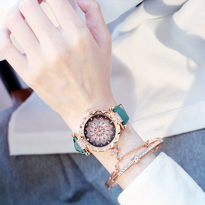 Trendy Rotating Quartz Watch & Crystal Bracelet Set for Ladies