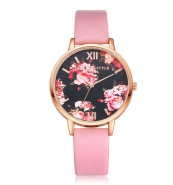 Charming Flower Dial Leather Strap Quartz Watch