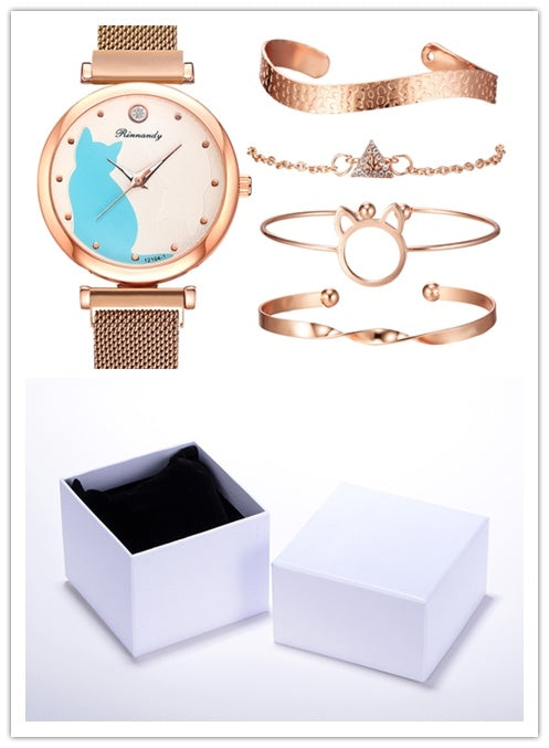 Women's 5-Piece Rose Gold Mesh Watch and Bracelet Set