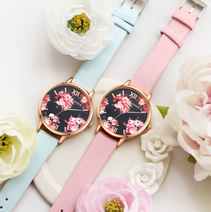Charming Flower Dial Leather Strap Quartz Watch