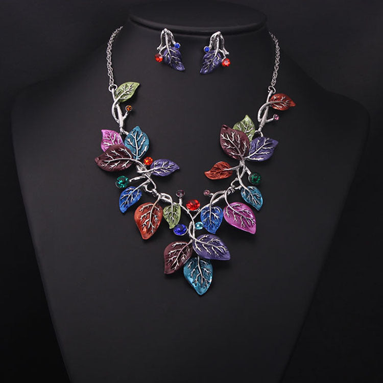 Colorful Leaf Rhinestone Jewelry Set