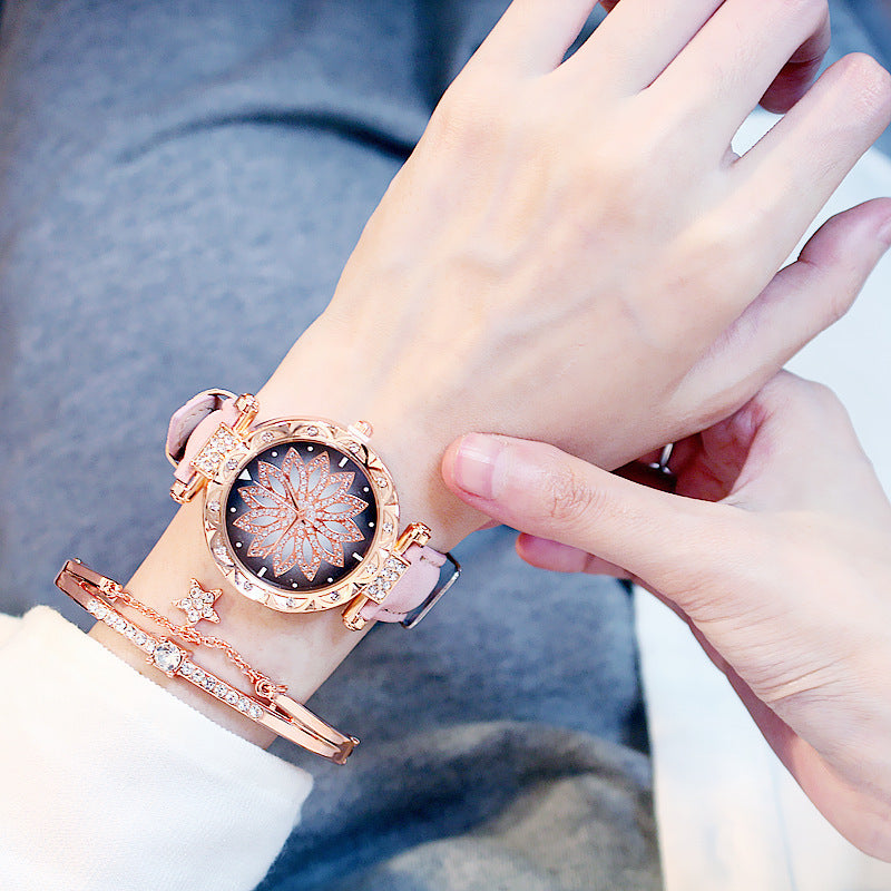 Trendy Rotating Quartz Watch & Crystal Bracelet Set for Ladies