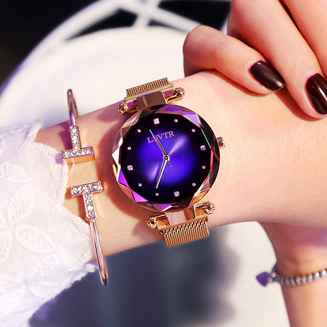 Dazzling Rose Gold Starry Sky Magnet Watch for Women