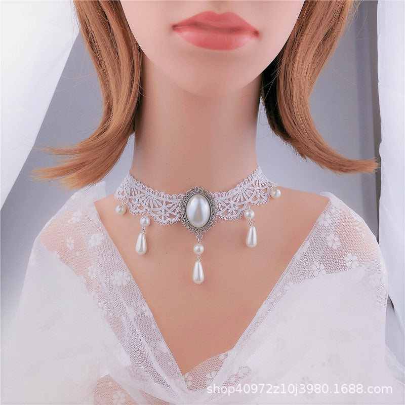 White Lace Pearl Pendant Choker Necklace