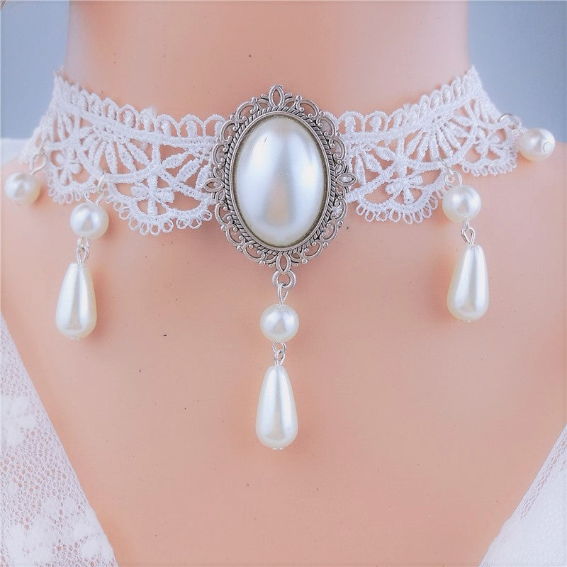White Lace Pearl Pendant Choker Necklace