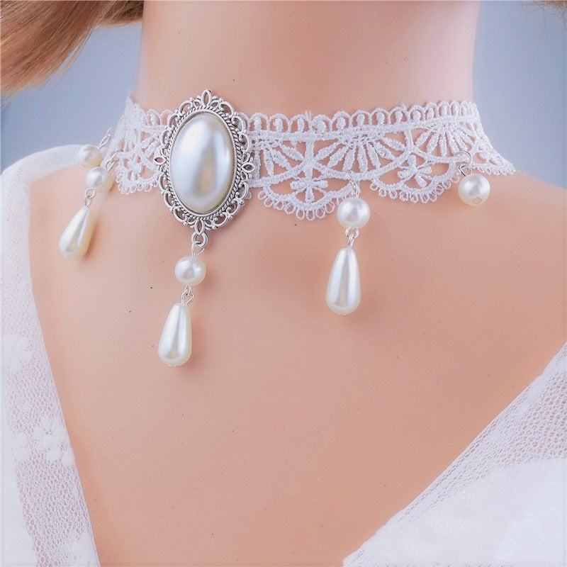 White Lace Pearl Pendant Choker Necklace