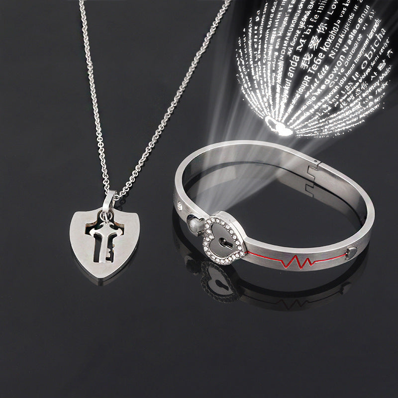 Fashionable Titanium Steel Couple Love Lock Jewelry Set