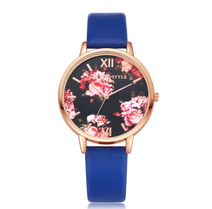 Charming Flower Dial Leather Strap Quartz Watch