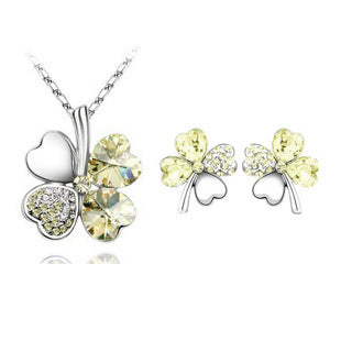 Lucky Four-Leaf Clover Crystal Necklace and Earrings Set