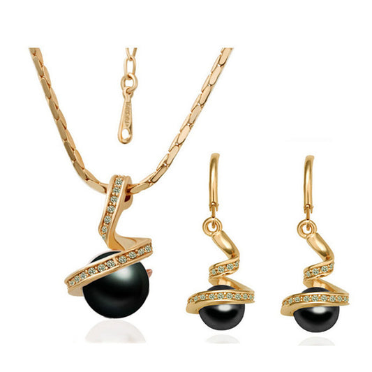 Cubic Zirconia & Black Simulated Pearl Earring and Necklace Set