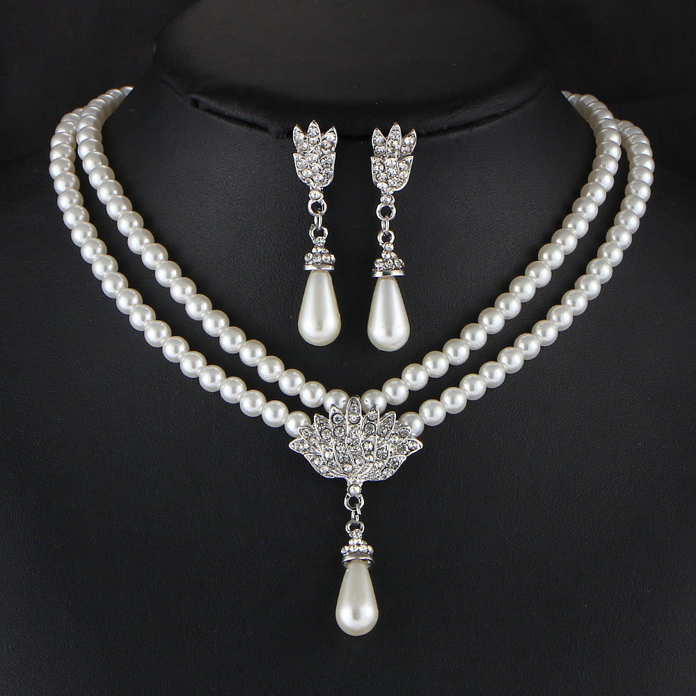 Bridal Pearl, Crystal, and Diamond Necklace and Earrings Set