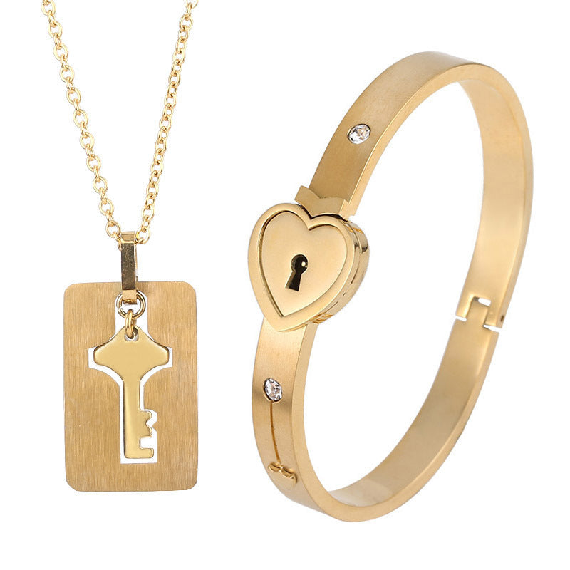 Fashionable Titanium Steel Couple Love Lock Jewelry Set