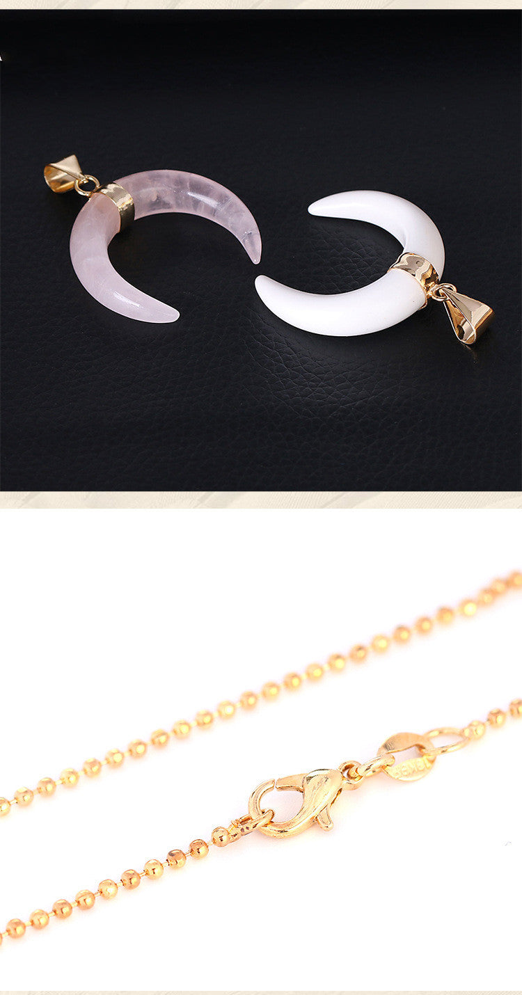 Crystal Semi-Precious Stone Moon Pendant Necklace - Natural Healing Charm