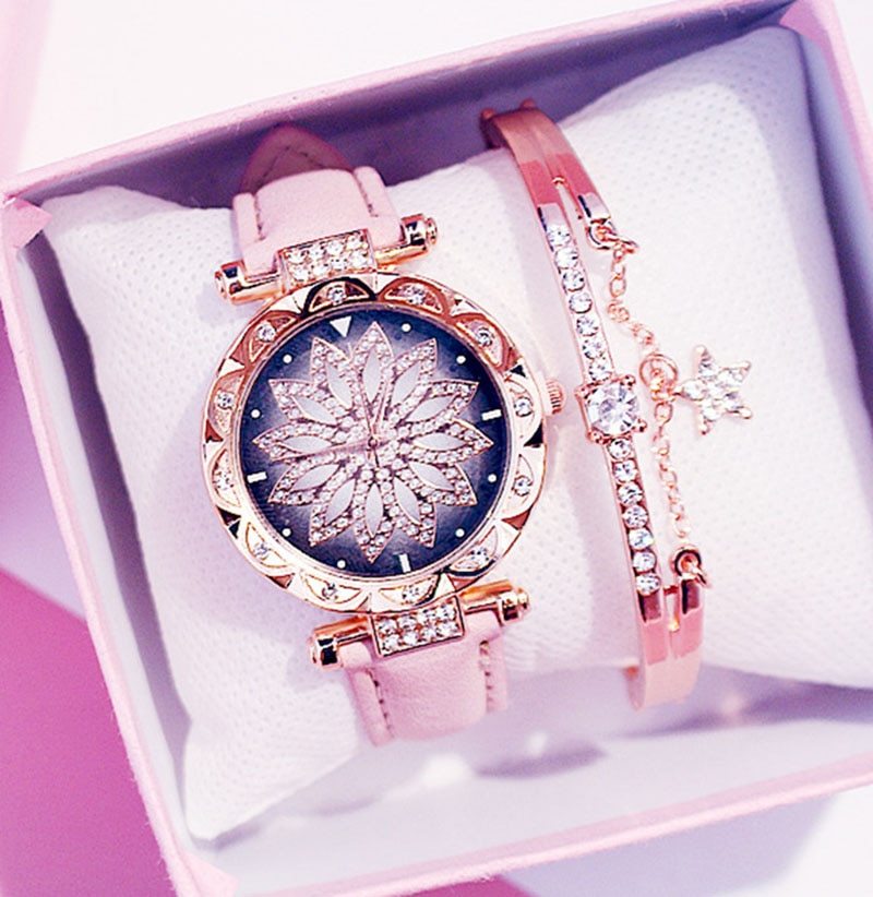Trendy Rotating Quartz Watch & Crystal Bracelet Set for Ladies