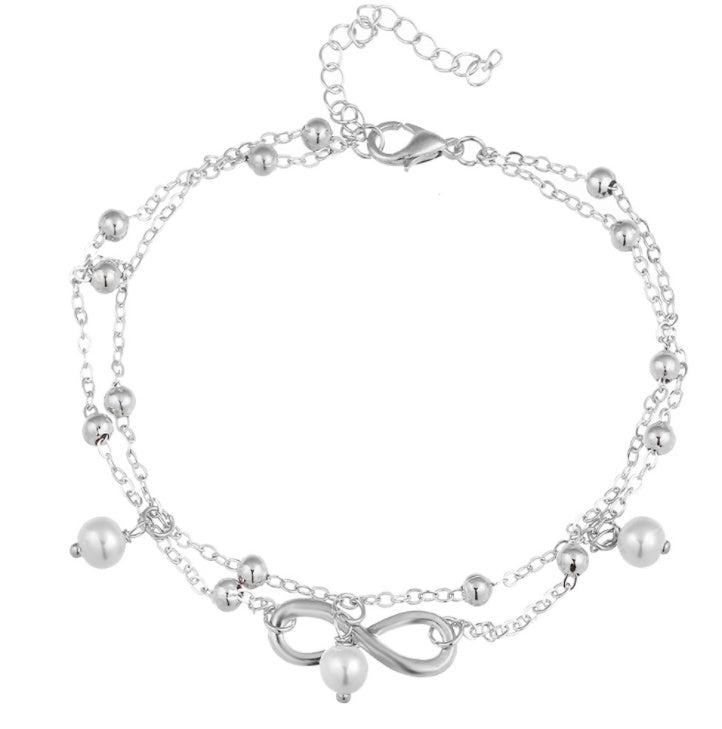 Infinity Double Layer Pearl Anklet - Gold & Silver
