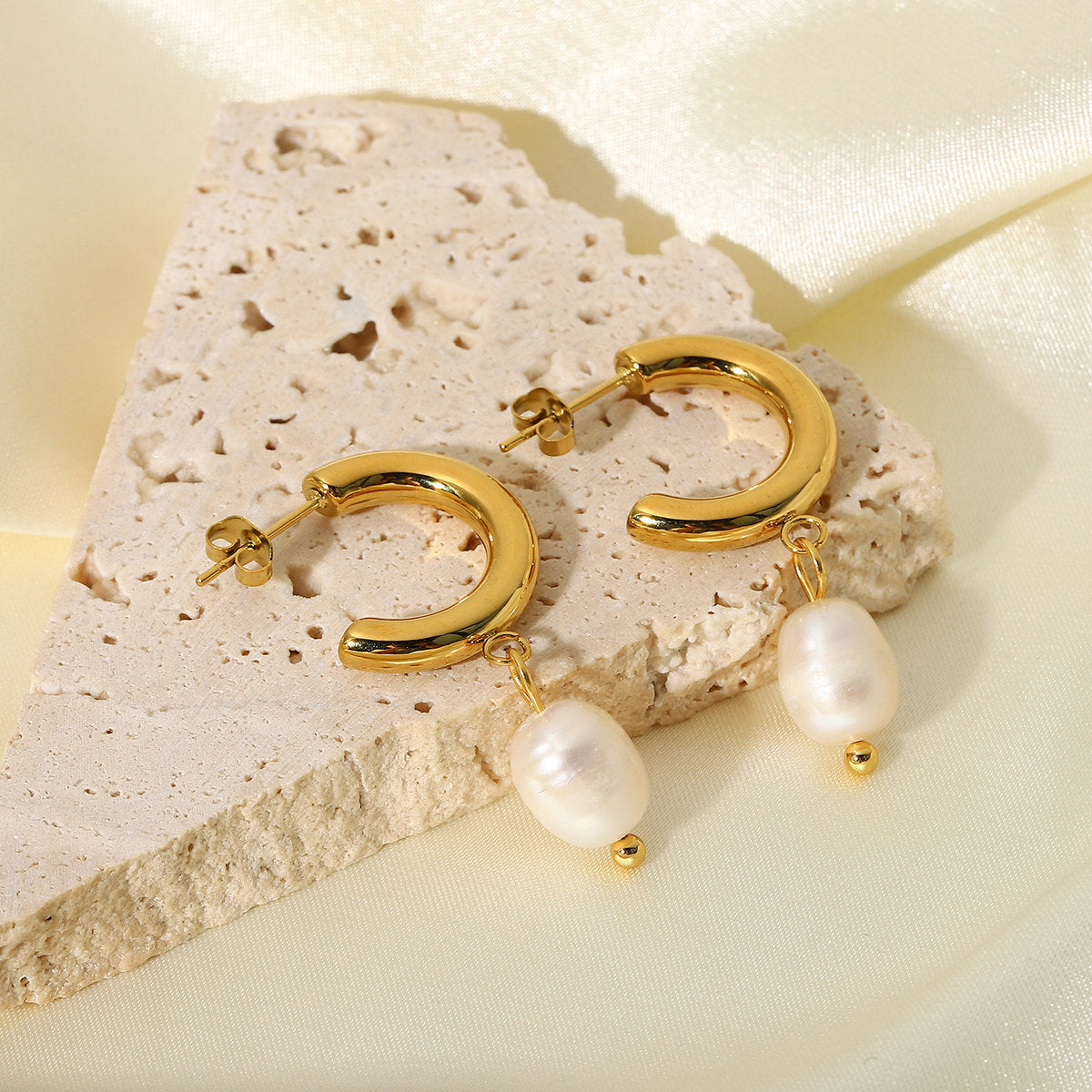 14K Gold Plated Freshwater Pearl Hoop Earrings