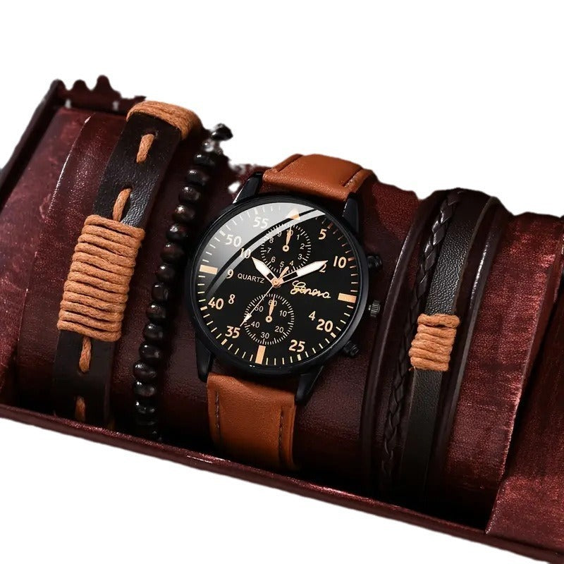 Men's Quartz Watch & Bracelet Set: Single Calendar & Canvas Band