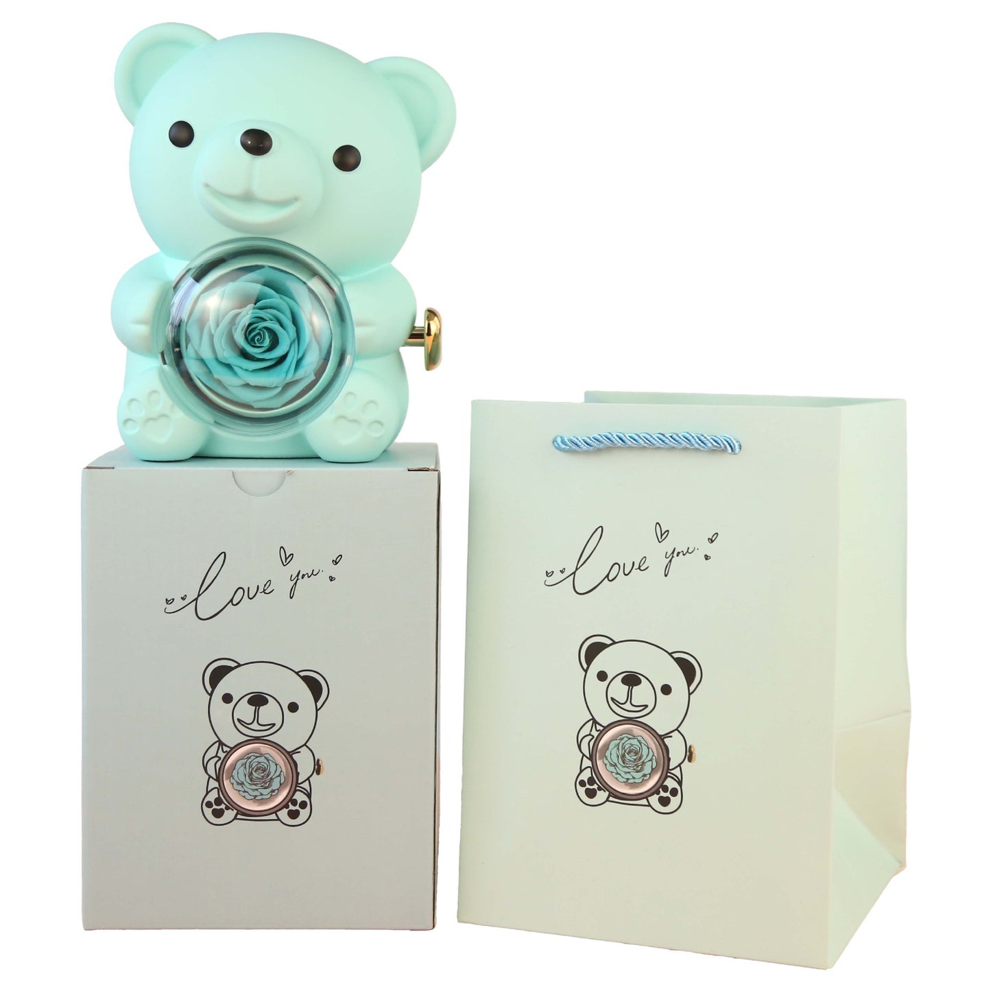 Eternal Rose Teddy Bear Gift Box with Rotating Jewelry Drawer