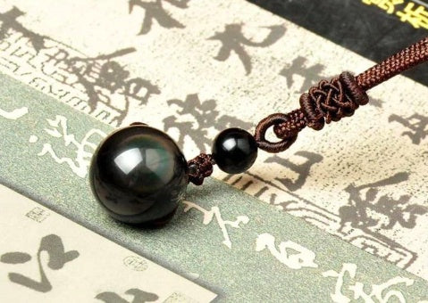 Natural Obsidian Rainbow Eye Good Luck Pendant Necklace