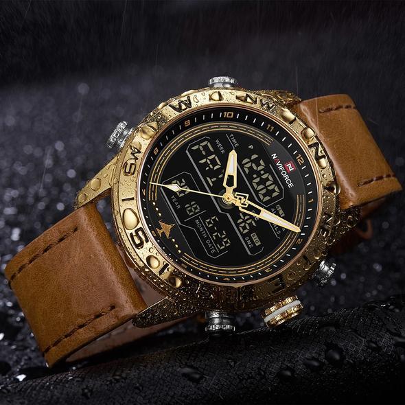 NAVIFORCE 9144 Men's Gold Sport LED Analog Digital Watch