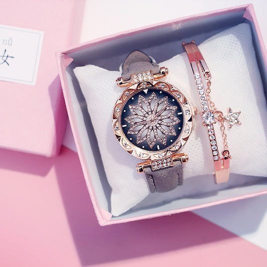 Trendy Rotating Quartz Watch & Crystal Bracelet Set for Ladies