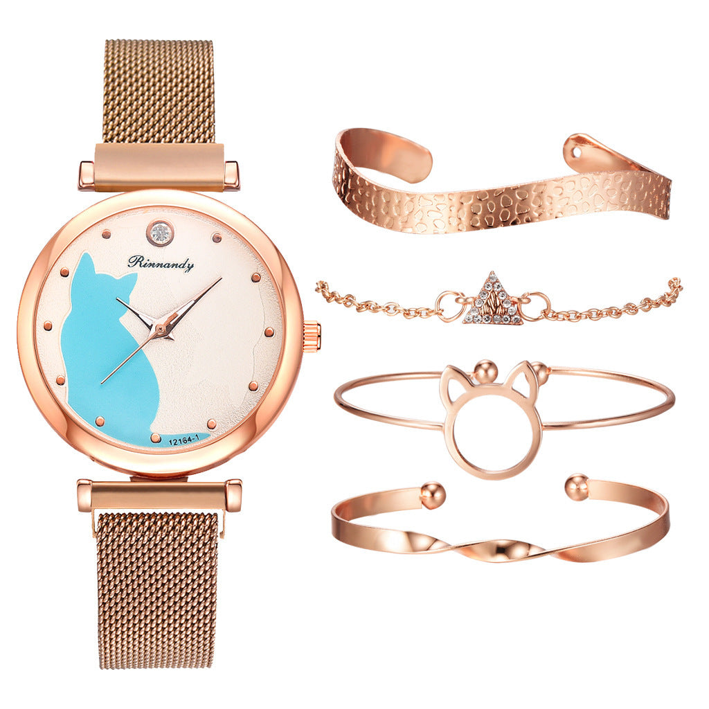 Women's 5-Piece Rose Gold Mesh Watch and Bracelet Set