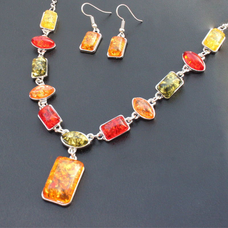 African Style Square Oval Amber Jewelry Set