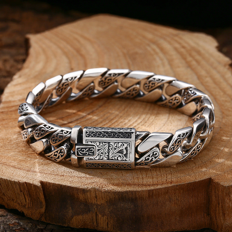 Thick Tangcao Pattern Cuban Silver Bracelet